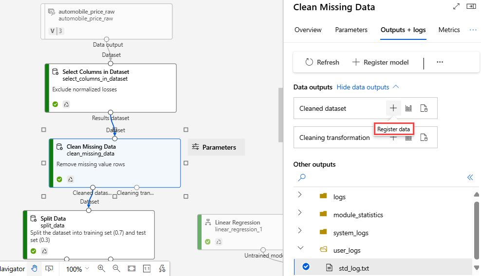 Screenshot showing how to navigate to the Register Dataset option.
