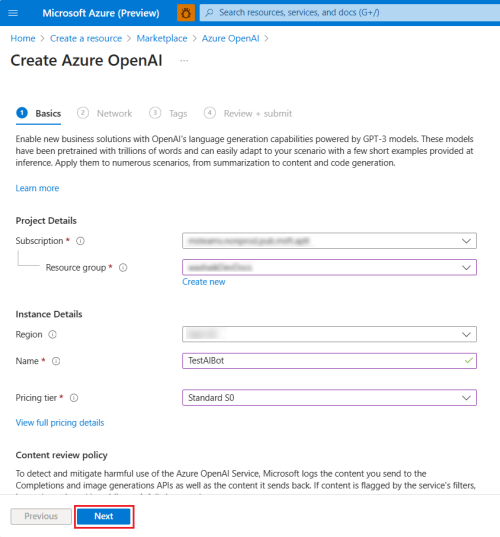 Screenshot shows you the Azure OpenAI subscription and resource group.
