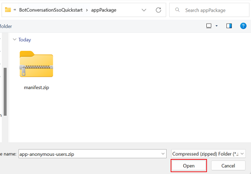 The screenshot of Manifest folder with Open option to upload the Teams Bot zip file highlighted in red.