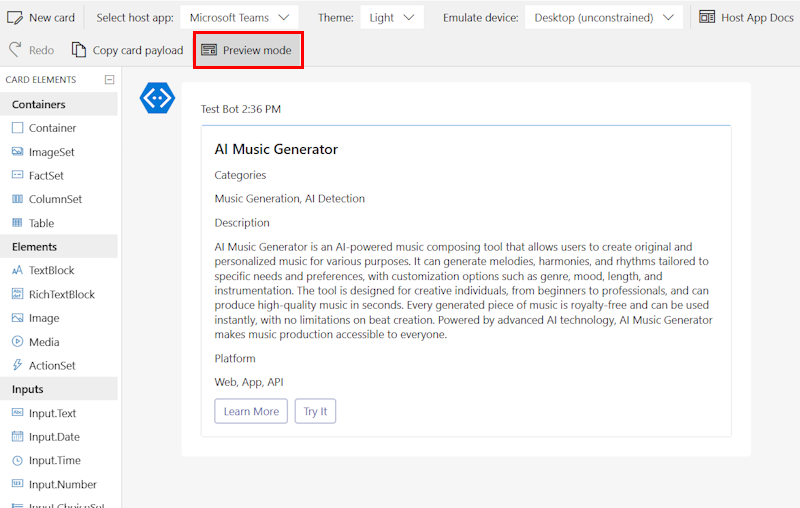 Screenshot shows the Adaptive Card designer with the Adaptive Card template and the sample data.