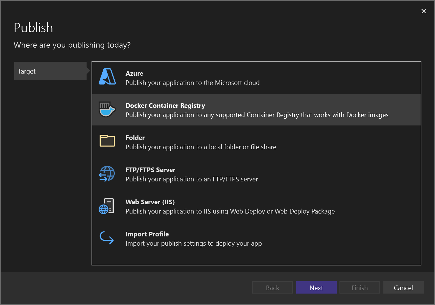 Screenshot of deployment options.