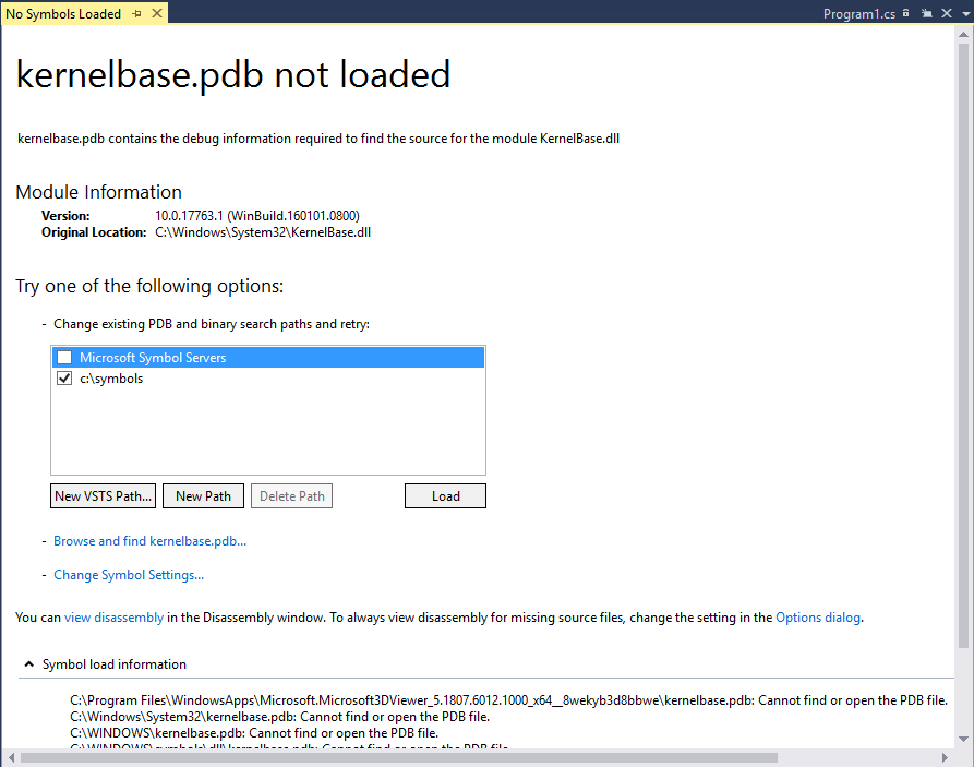 DBG_NoSymbolsLoaded No Symbols Loaded page