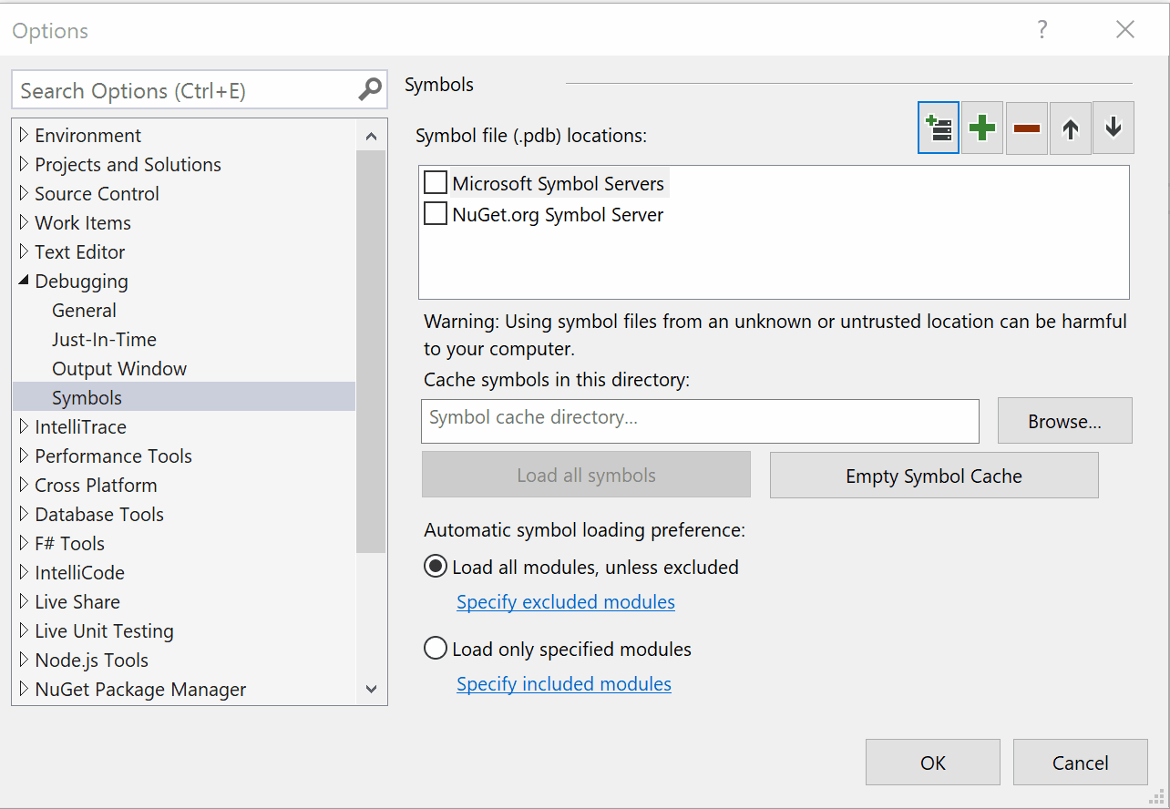 Tools - Options - Debugging - Symbols page Tools - Options - Debugging - Symbols page