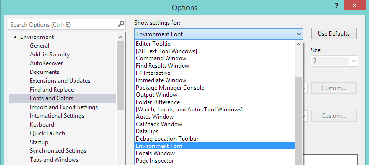 0201-a_OptionsFonts Fonts and Colors settings in the Tools > Options dialog