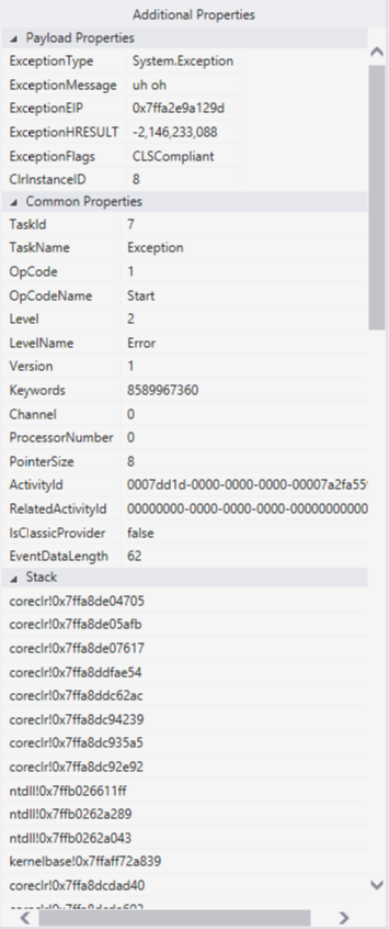 The event viewer showing stacks The event viewer showing stacks