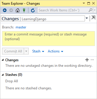 Team Explorer window on the Changes page