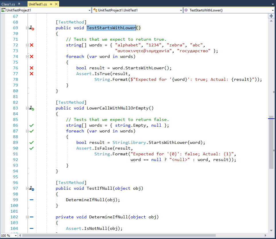 Test methods in Visual Studio with pass or fail symbol