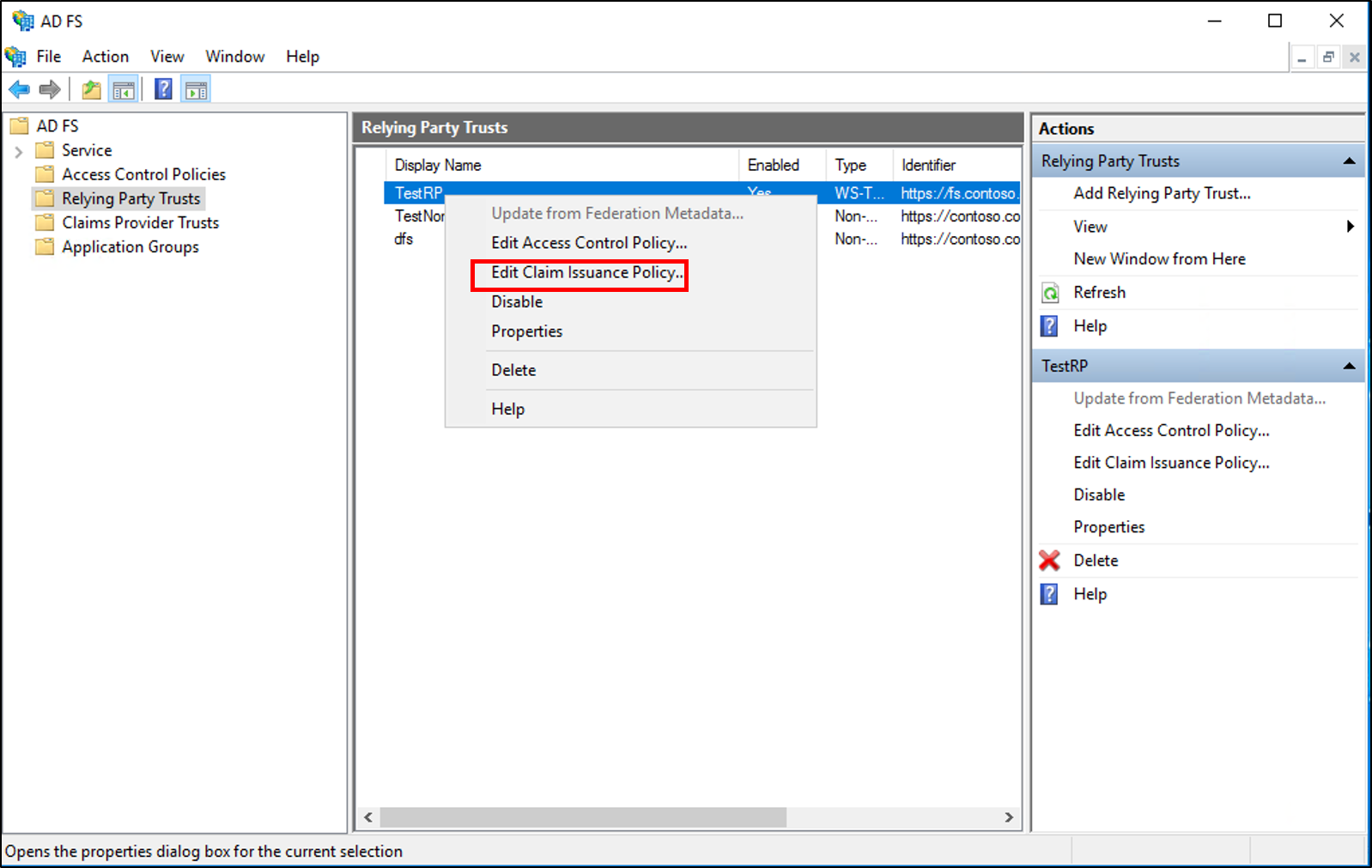 Screenshot that shows where to select the Edit Claim Issuance Policy option when you create a rule to issue an AD&nbsp;FS&nbsp;1.x Name ID claim.