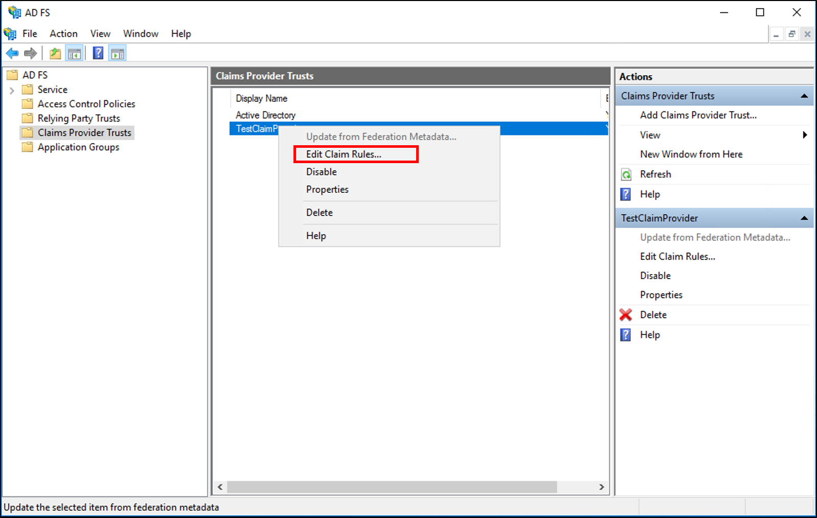 Screenshot that shows where to select the Edit Claim Rules menu option when you create a rule to issue an AD&nbsp;FS&nbsp;1.x Name ID claim.