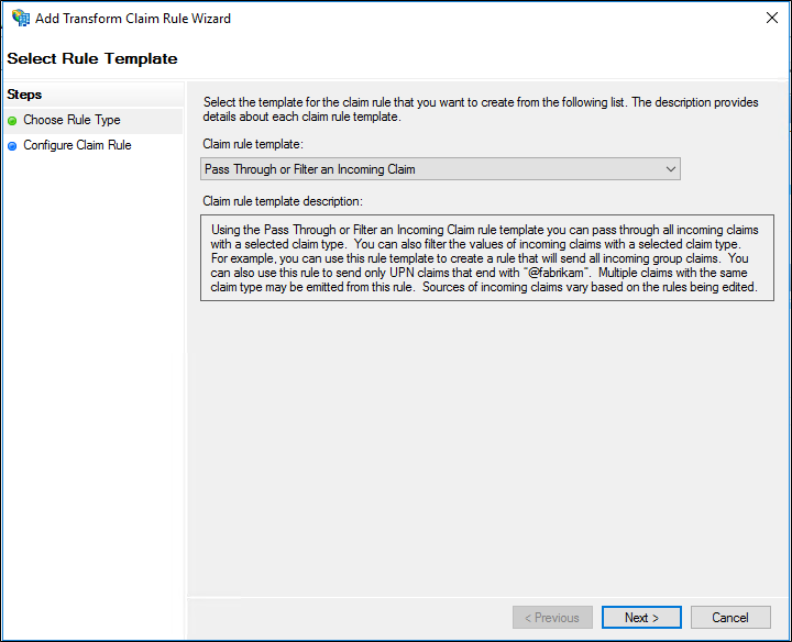Screenshot that shows where to select the Pass Through or Filter an Incoming Claim template when you create a rule to issue an AD&nbsp;FS&nbsp;1.x Name ID claim.
