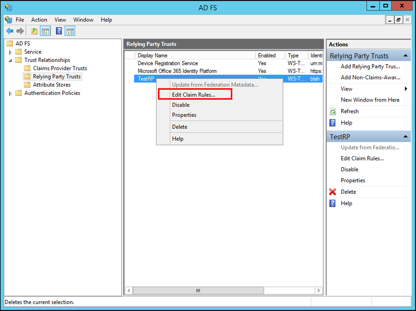 Screenshot that shows where to select the Edit Claim Rules menu option when you create a rule to issue an AD&nbsp;FS&nbsp;1.x Name ID claim on Windows Server 2012 R2.