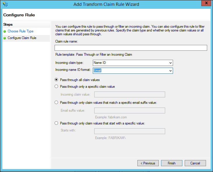 Screenshot that shows where to select the options on the Configure Claim Rule screen when you create a rule to issue an AD&nbsp;FS&nbsp;1.x Name ID claim on Windows Server 2012 R2.