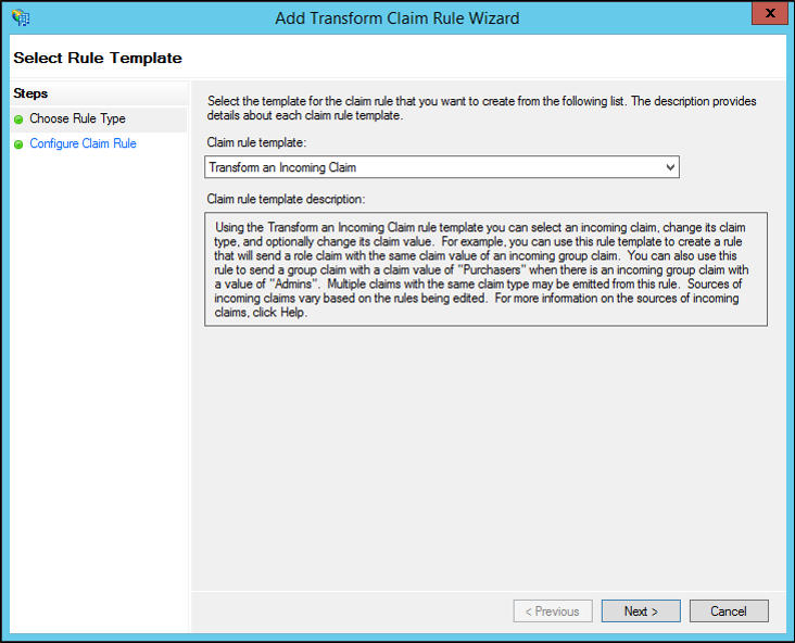 Screenshot that shows where to select Transform an Incoming Claim when you create a rule to issue an AD&nbsp;FS&nbsp;1.x Name ID claim on Windows Server 2012 R2.