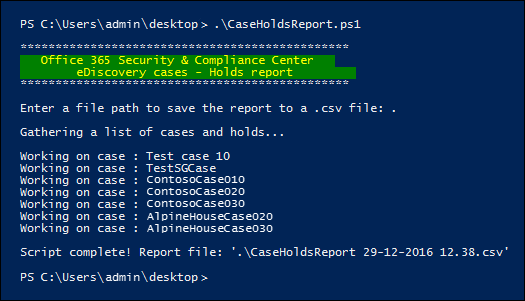 Screenshot of the PowerShell console showing the CaseHoldsReport.ps1 script output listing eDiscovery case hold results.