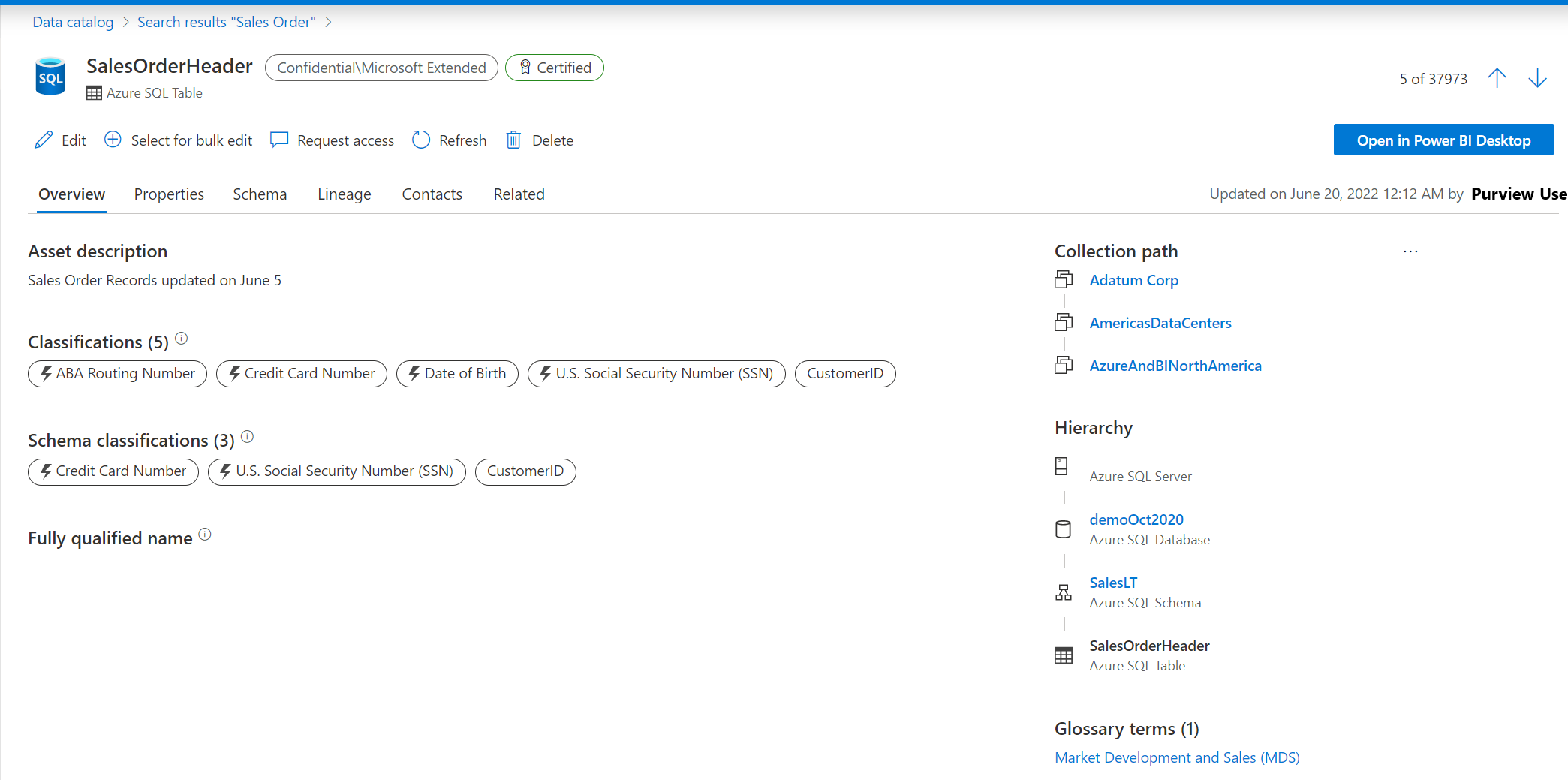 Screenshot that shows the asset details overview page.