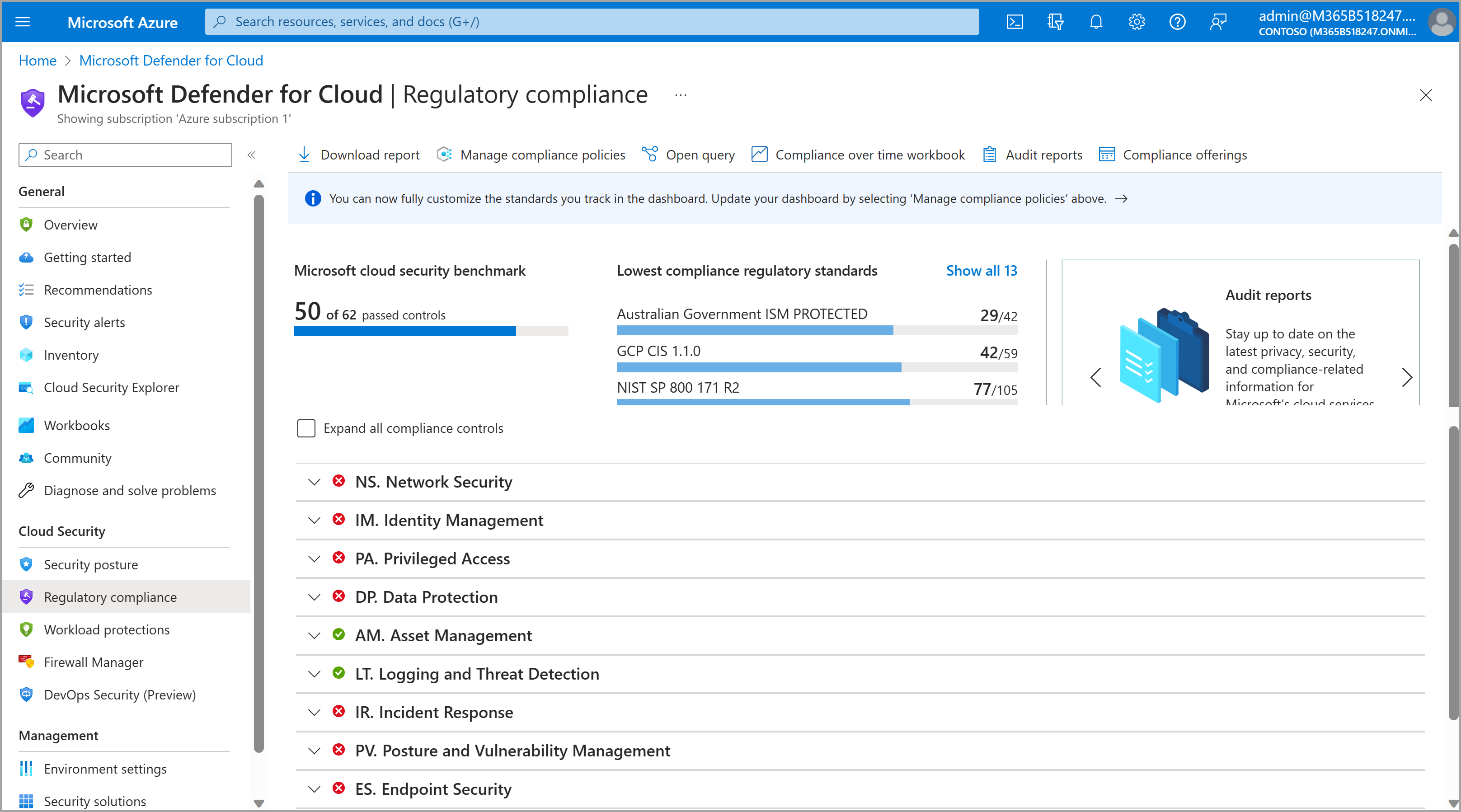 Screenshot of the Defender for Cloud regulatory compliance dashboard showing compliance status and standards.