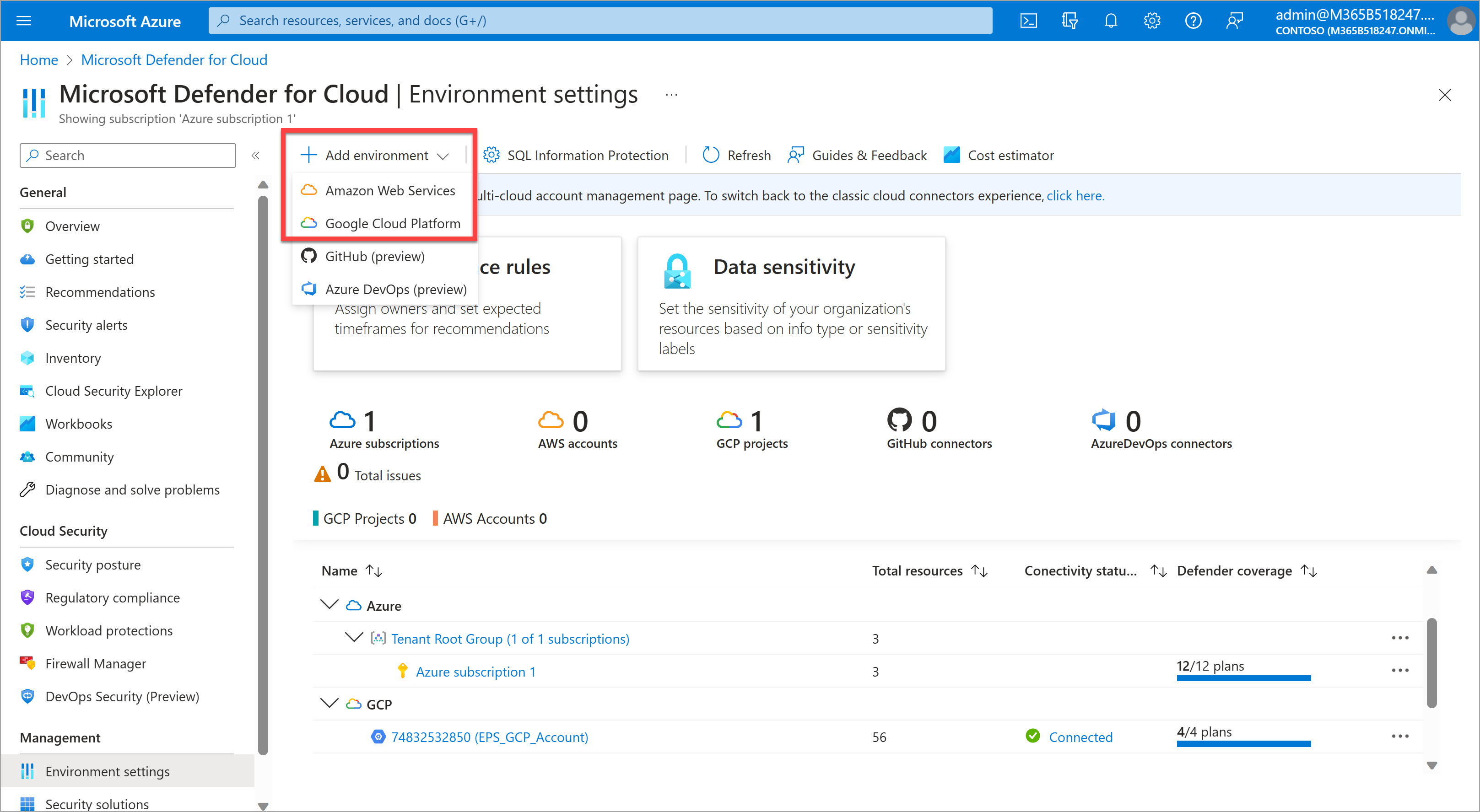 Screenshot of the Defender for Cloud environment settings page with the Add environment option for connecting AWS or GCP accounts.