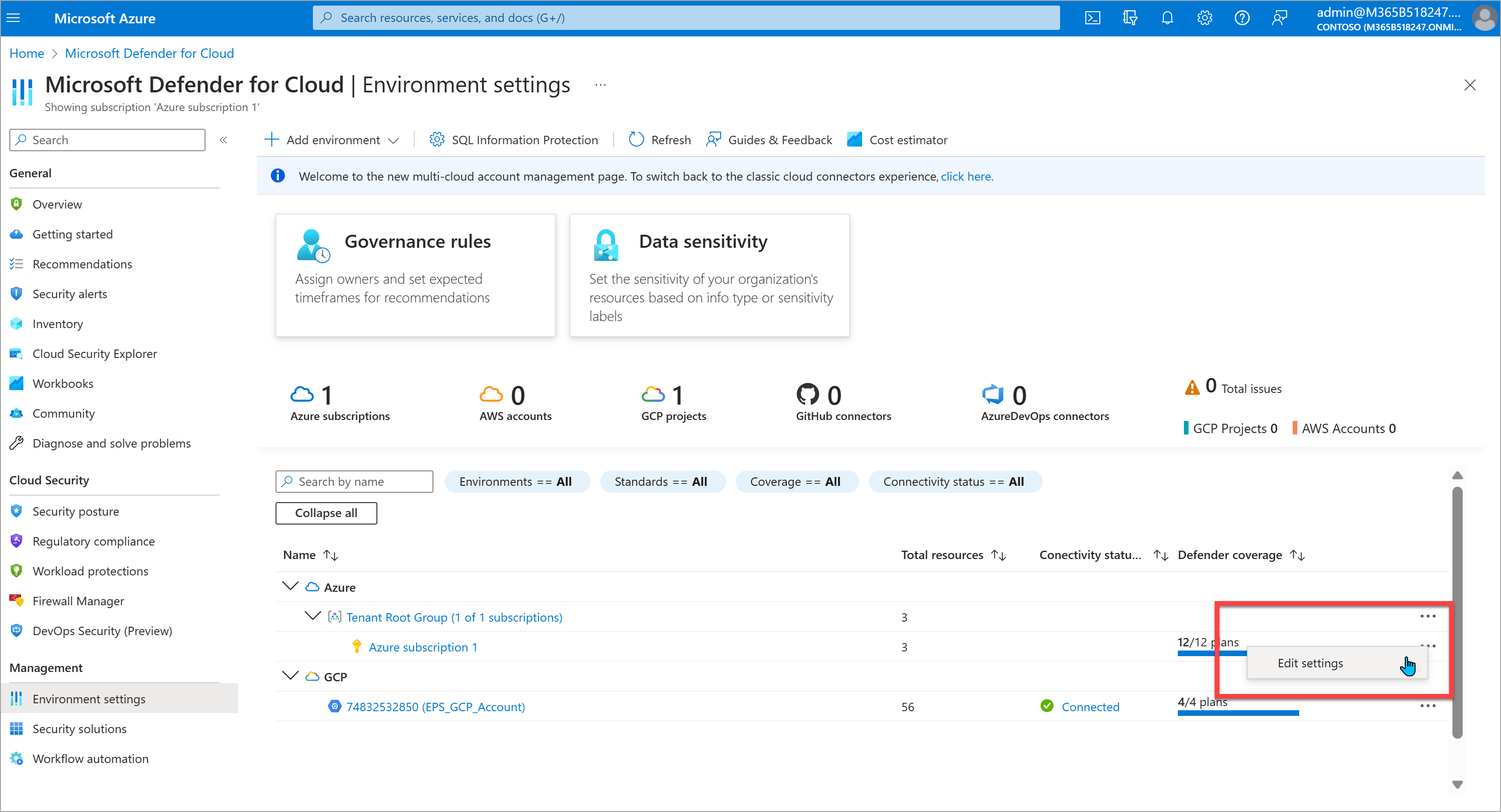 Screenshot of the Defender for Cloud environment settings page showing the Edit settings option for a subscription.