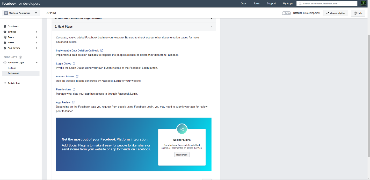 Screenshot of the completed QuickStart section of the Facebook Login setup wizard.