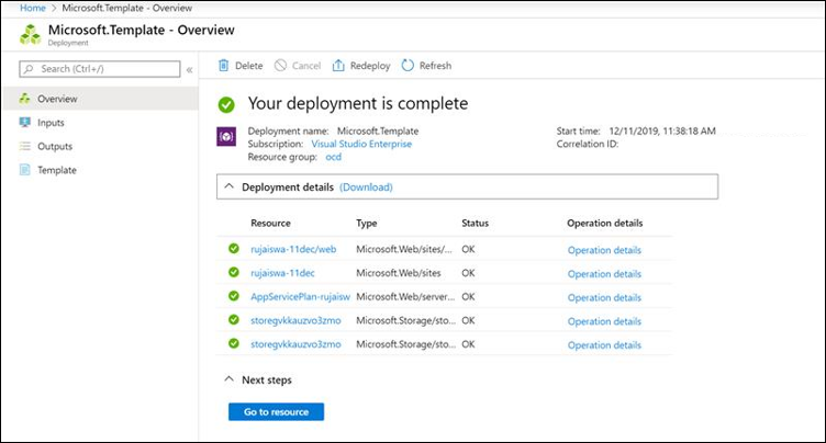 Screenshot of the Azure portal showing the successful deployment of the connector web service.