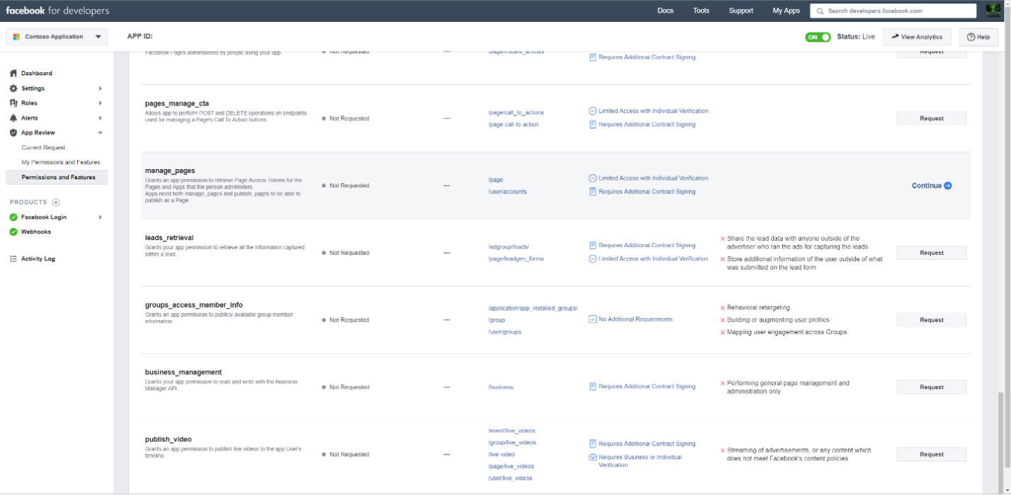 Screenshot of the Facebook app permissions page with the Manage Pages permission added.