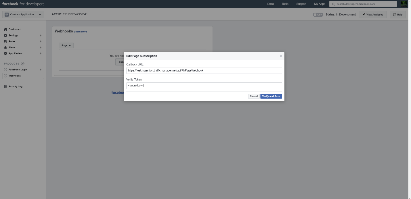 Screenshot of the Webhooks setup page with the Callback URL and verify token fields configured.