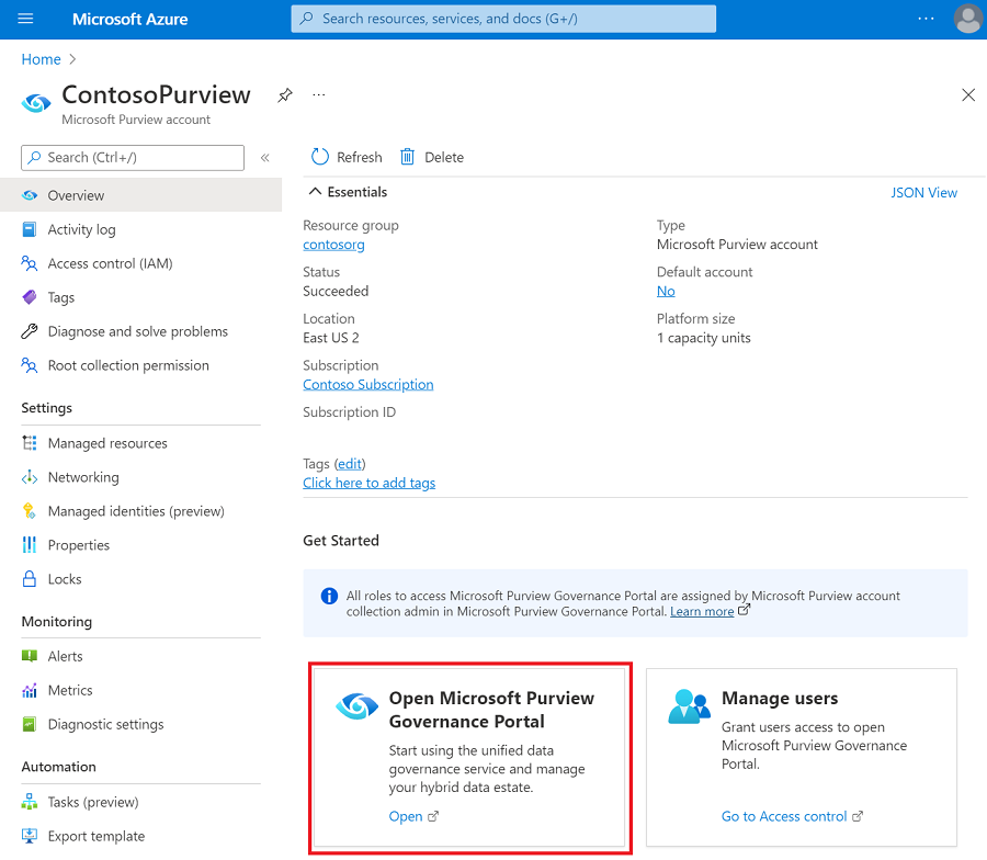 Screenshot showing a Microsoft Purview account open in the Azure portal, with the Microsoft Purview governance portal button highlighted.