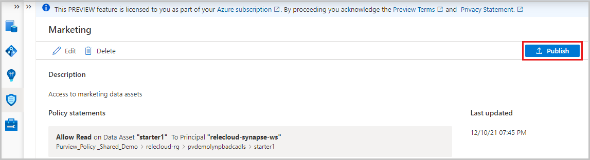 Screenshot showing data owner can publish a policy.