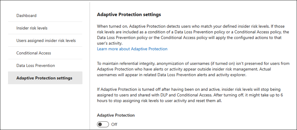 Screenshot of the Adaptive Protection settings page with the toggle to enable or disable Adaptive Protection.