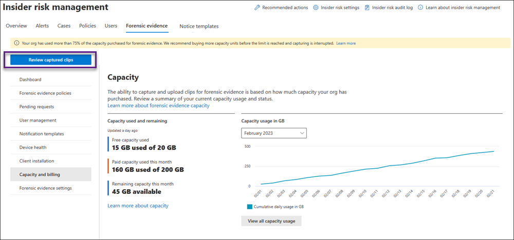 Screenshot of the forensic evidence Capacity and billing page showing capacity usage and remaining storage information.