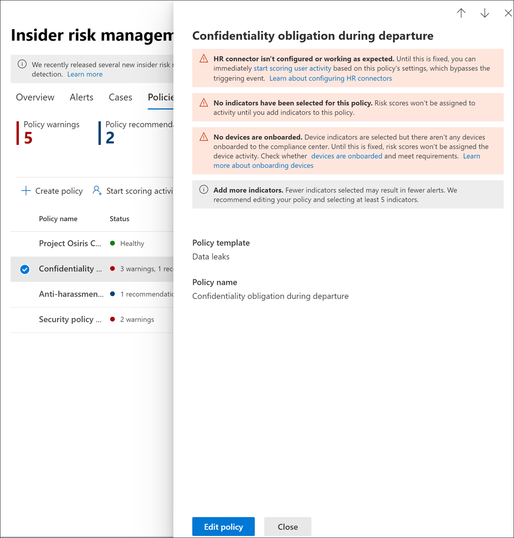 Screenshot of the Insider Risk Management policy health details card showing warnings and recommendations for resolving policy configuration issues.