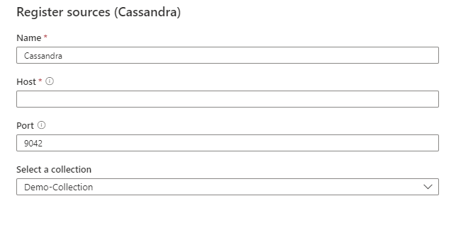 Screenshot that shows the Register sources (Cassandra) screen.