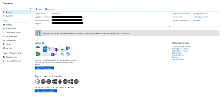 Screenshot of the app overview page showing the Application (client) ID and Directory (tenant) ID.
