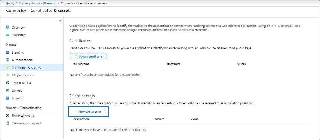 Screenshot of the Certificates & secrets page with the option to create a new client secret.