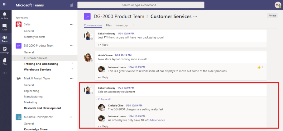 Screenshot of a Microsoft Teams channel conversation thread showing replies.