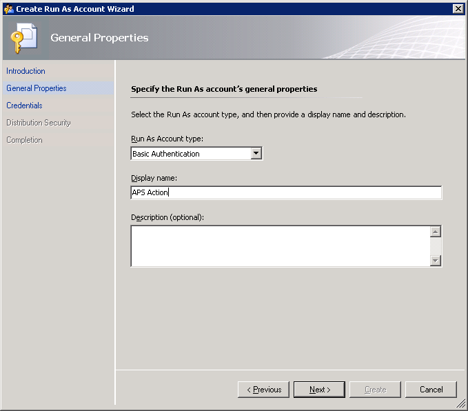 Screenshot showing the General Properties page of the Create Run As Account Wizard with Basic Authentication selected from the Run As Account type dropdown list.