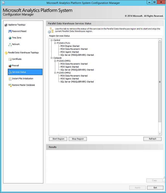 Screenshot of the Microsoft Analytics Platform System Configuration Manager, showing the Services Status page.