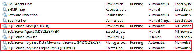 Screenshot showing how to stop and start PolyBase services in services.msc.