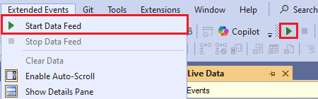 Screenshot of the start data feed option in the extended events menu in SSMS.