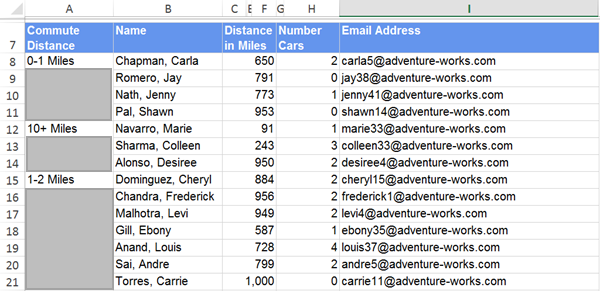 Screenshot of an exported report in Excel. Each distance row is first in a range that covers several customer rows. Other cells in the range are gray.