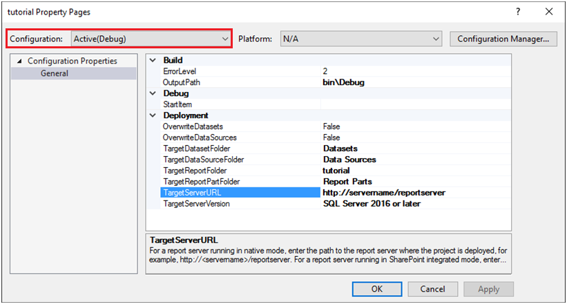 Screenshot of the tutorial Property Pages window, highlighting the Configuration dropdown list.