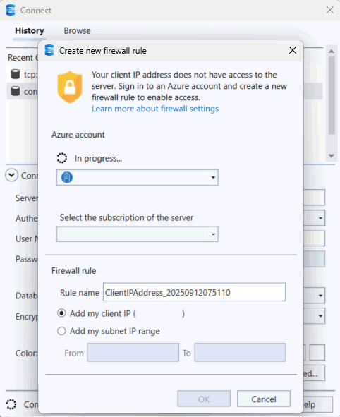 Screenshot of the Create new firewall rule dialog in SSMS.