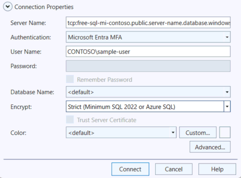 Screenshot of connection dialog for Azure SQL.
