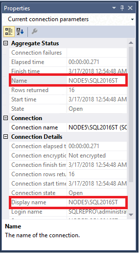 Screenshot of SQL Server instance name in the Properties window.