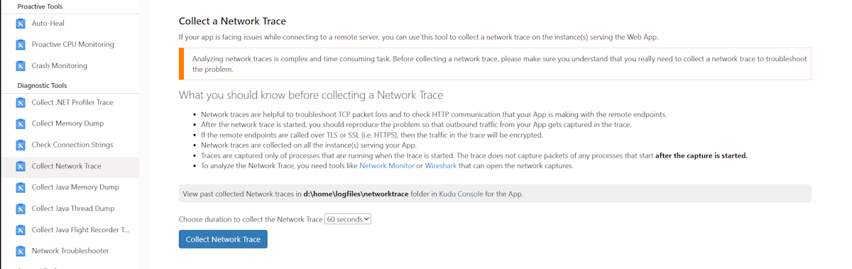 Screenshot of the Azure portal option used to collect a network trace for a Windows web app.