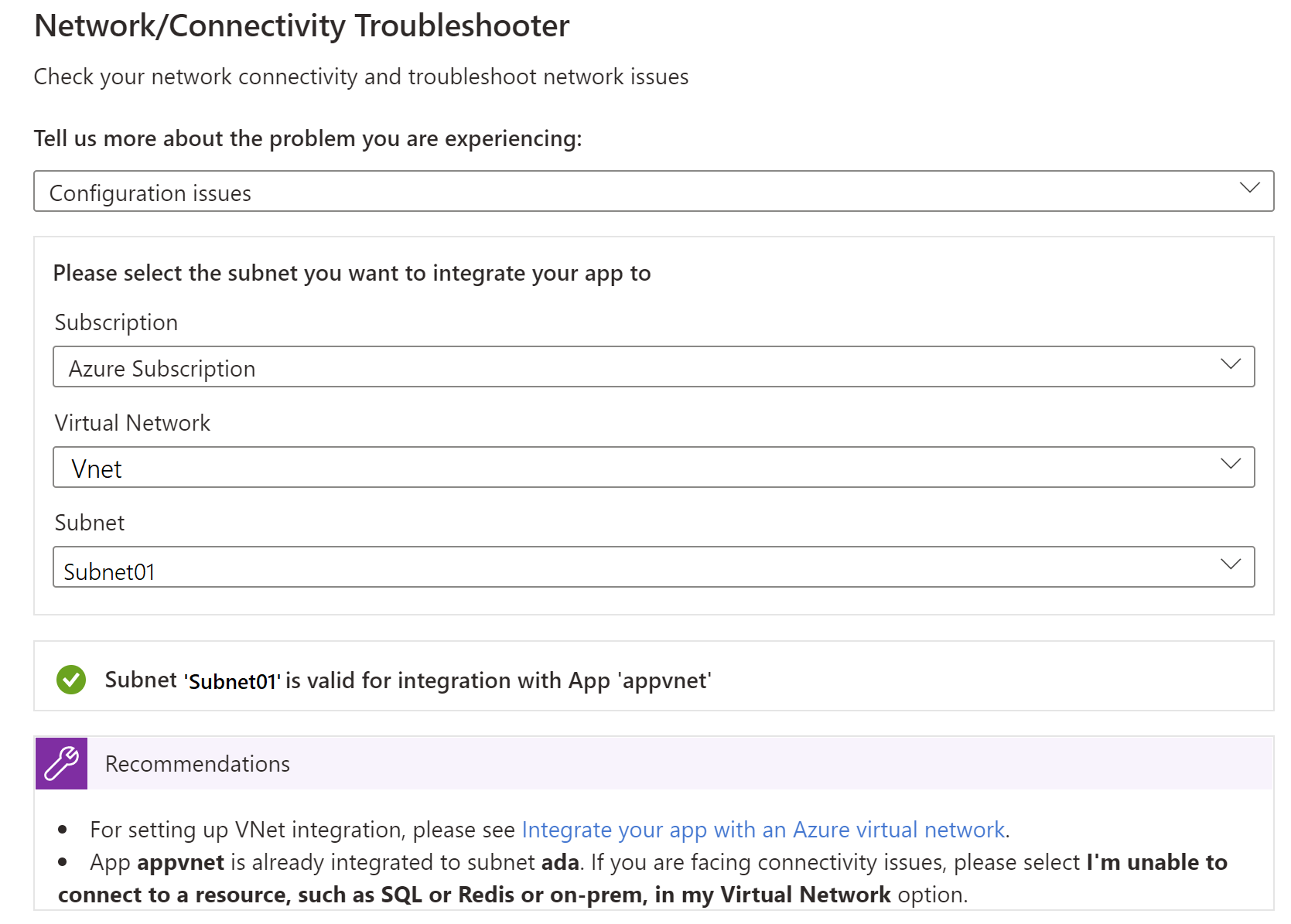 Screenshot of the Configuration issues troubleshooter for checking virtual network integration subnet settings.