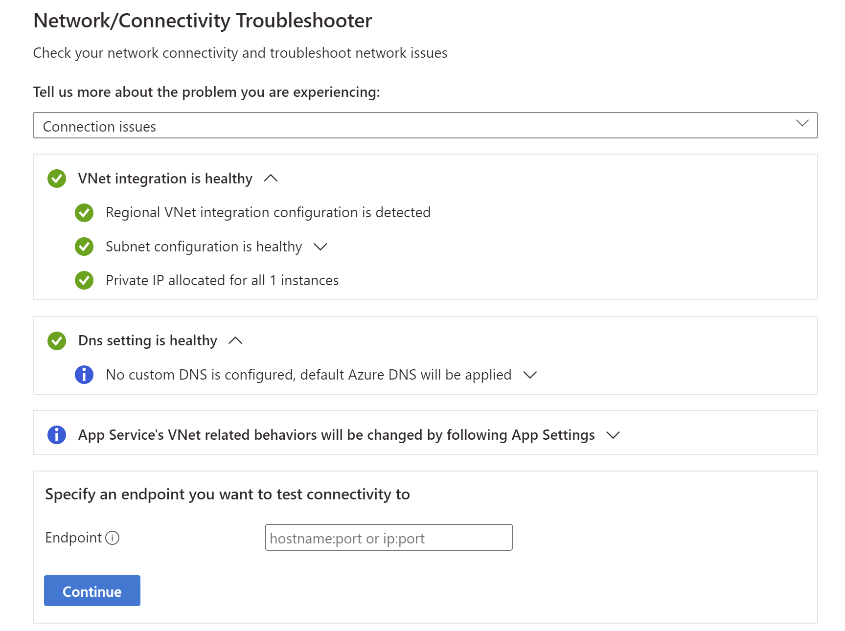 Screenshot of the Connection issues troubleshooter for testing virtual network integration.