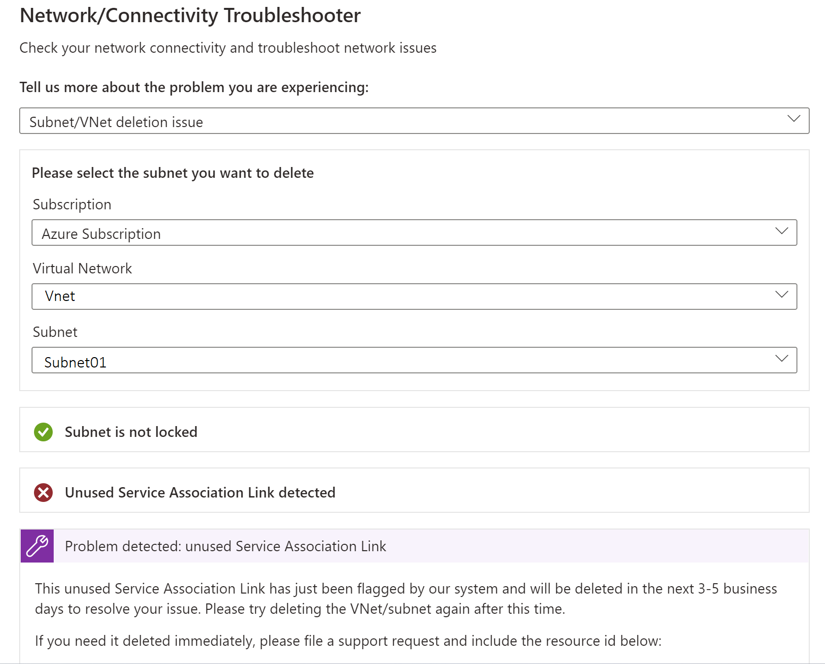 Screenshot of the Subnet/VNet deletion issue troubleshooter for checking virtual network deletion blockers.