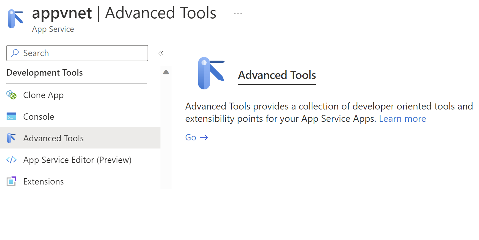 Screenshot of the Azure portal options for opening the Kudu service page.
