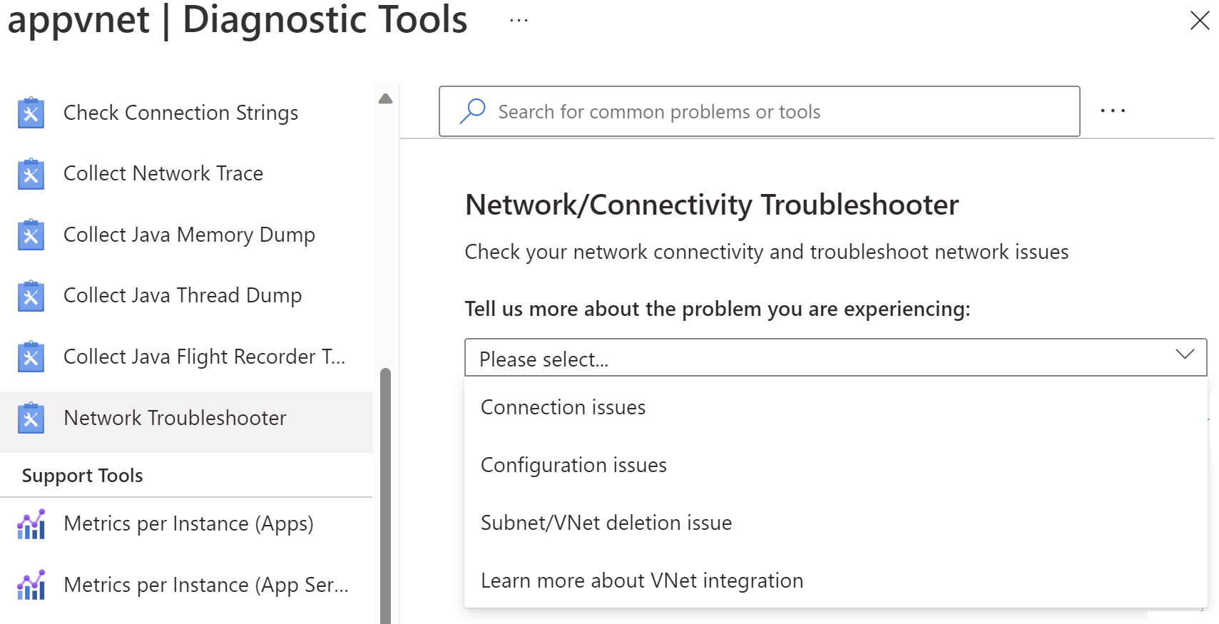Screenshot of the Azure portal search results for opening Network troubleshooter.